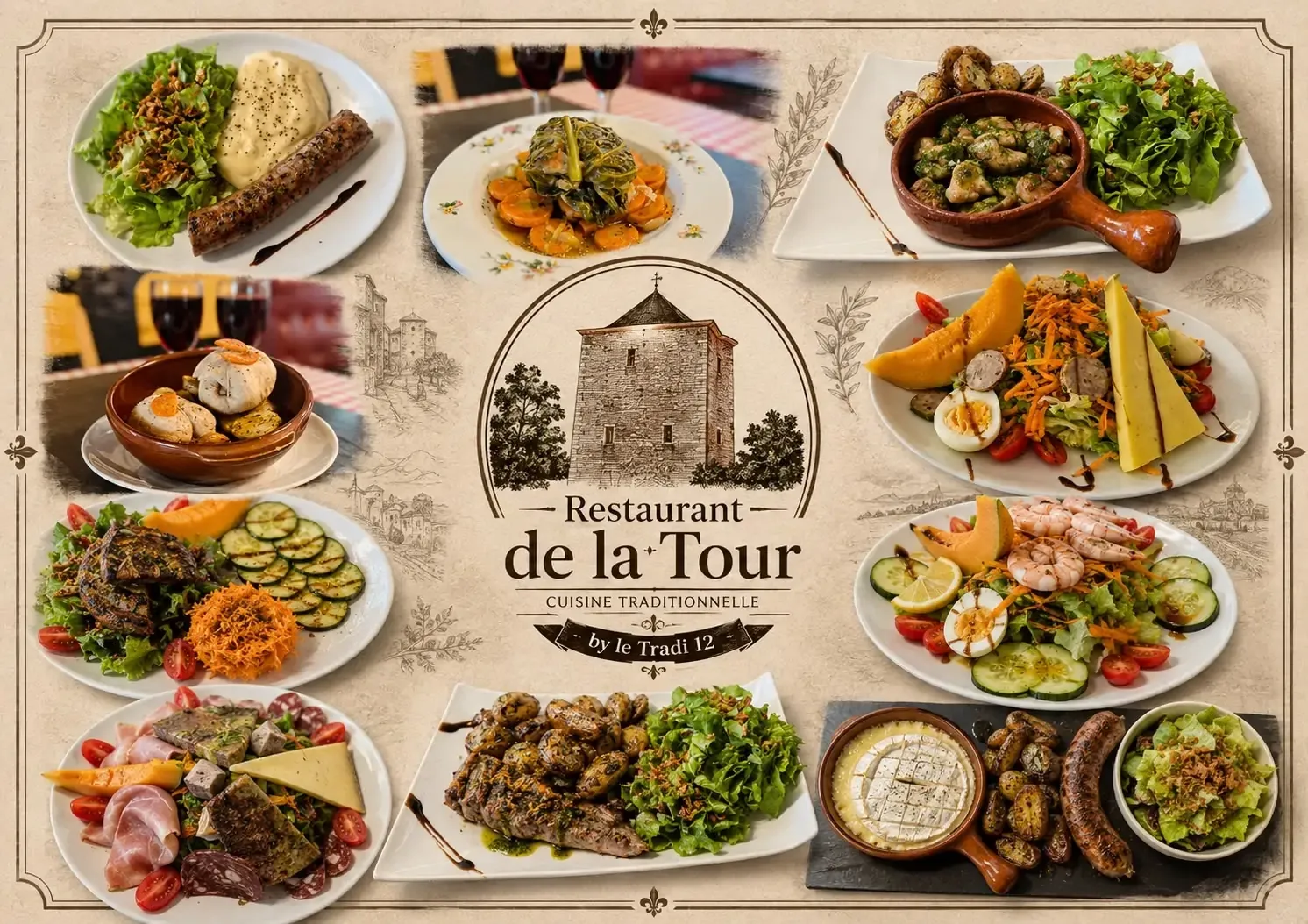 Affiche de la carte du Restaurant de la Tour : onze assiettes de cuisine traditionnelle autour du logo à la tour